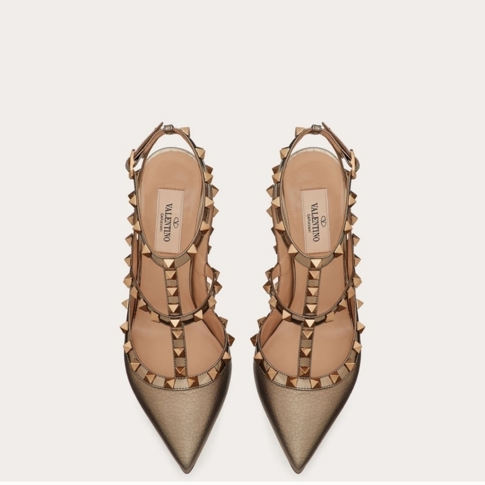 Valentino Tan Rockstud Heels with Pointed Toe Metalic Gold Size 37.5